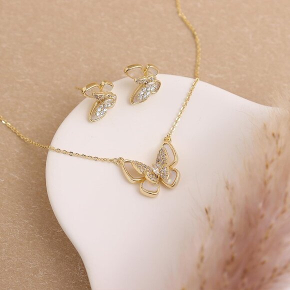 Dainty Butterfly Gold and Silver Jewelry Set - Rhinestone Earrings & Necklace - Picture 7 of 7